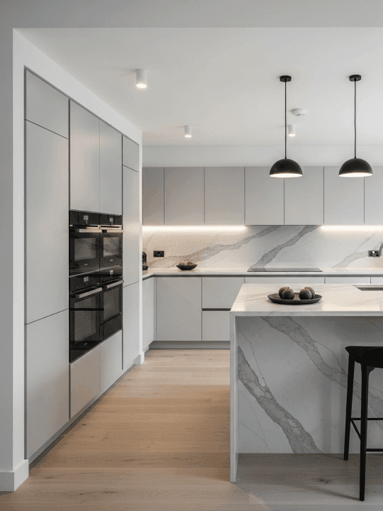 Modern kitchen with clean lines, flat-panel cabinets and minimalist aesthetic