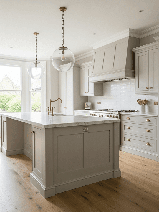 Transitional kitchen design blending classic and modern elements with sophisticated styling