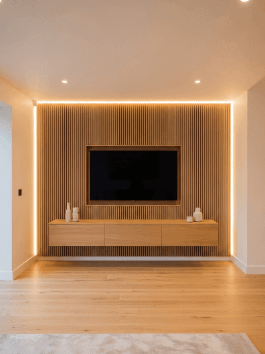 Acoustic slat panel media wall with vertical wood texture for enhanced sound