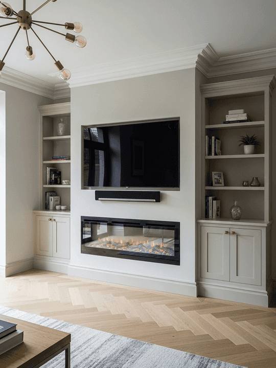 Custom media wall with integrated electric fireplace creating warm focal point