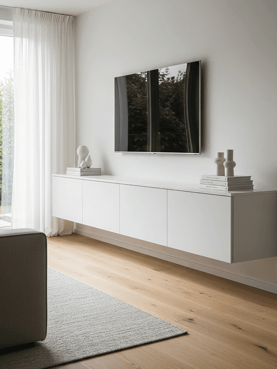 Minimalist floating media wall with clean lines and concealed wiring