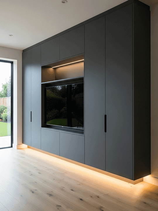LED illuminated media wall with dramatic ambient lighting and remote control