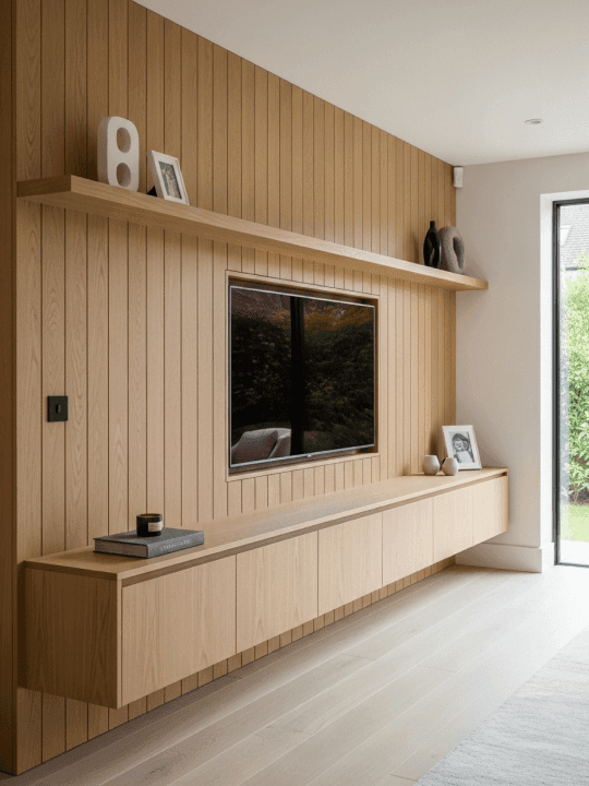 Natural textured media wall with stone veneer and reclaimed wood materials