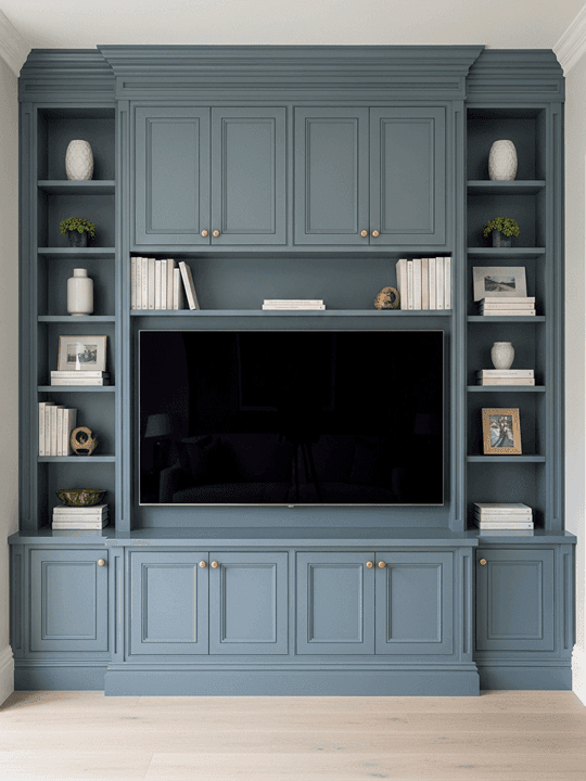 Media wall with custom built-in storage shelving and display cabinetry