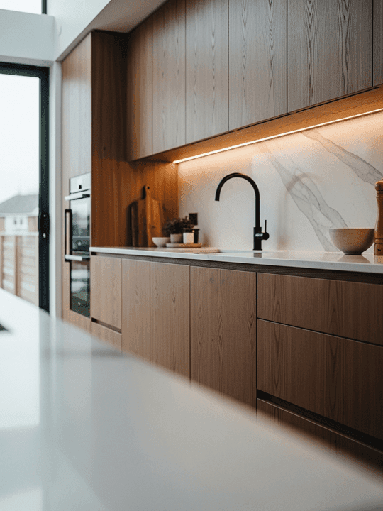 Professional kitchen renovation with modern appliances and custom cabinetry showcasing expert craftsmanship
