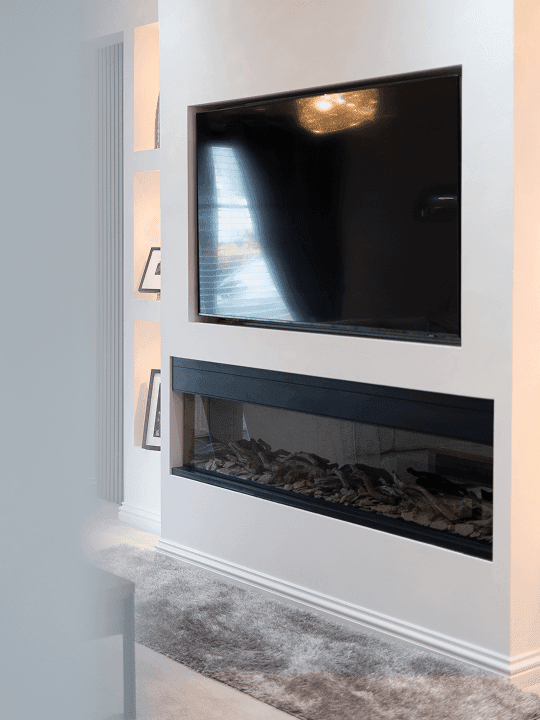 Bespoke media wall with integrated storage and entertainment system in modern living room